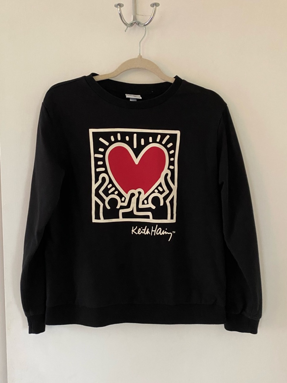 Keith Haring Black Crewneck Sweatshirt with Red Heart Graphic